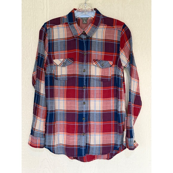 Eddie Bauer Tops - Eddie Bauer Womens Lightweight Plaid Flannel Button Down Shirt Red Herringbone M